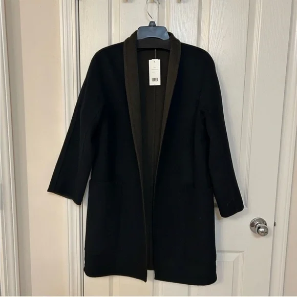 Vince Reversible Collarless Wool Blend Coat in Black/Eden Green Size M